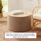 Grande Pouf Contenitore Rotondo da 56 cm con Vassoio – Rivestito in Tessuto Beige