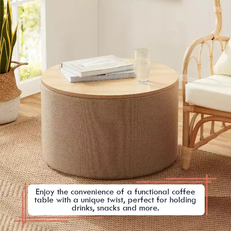Grande Pouf Contenitore Rotondo da 56 cm con Vassoio – Rivestito in Tessuto Beige