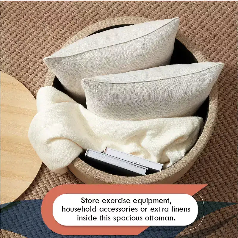 Grande Pouf Contenitore Rotondo da 56 cm con Vassoio – Rivestito in Tessuto Beige