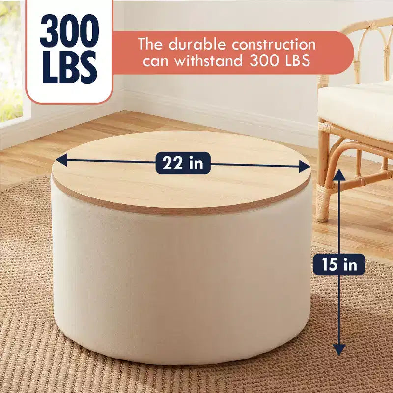 Grande Pouf Contenitore Rotondo da 56 cm con Vassoio – Rivestito in Tessuto Beige