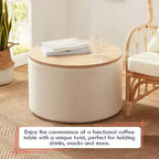 Grande Pouf Contenitore Rotondo da 56 cm con Vassoio – Rivestito in Tessuto Beige
