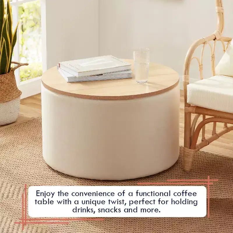 Grande Pouf Contenitore Rotondo da 56 cm con Vassoio – Rivestito in Tessuto Beige