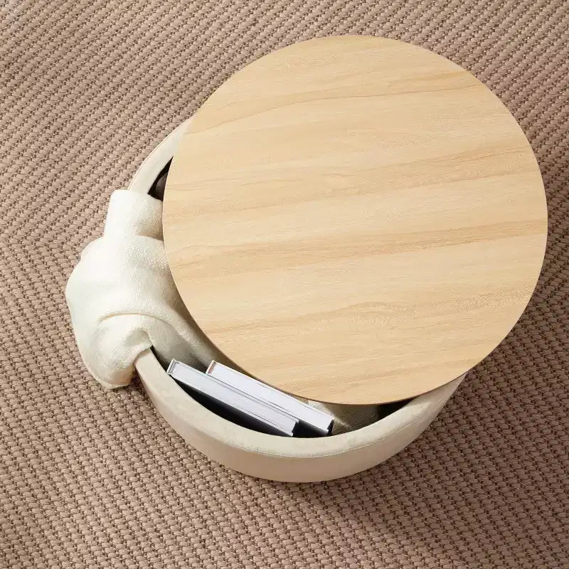 Grande Pouf Contenitore Rotondo da 56 cm con Vassoio – Rivestito in Tessuto Beige