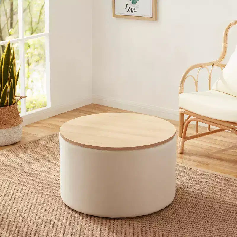 Grande Pouf Contenitore Rotondo da 56 cm con Vassoio – Rivestito in Tessuto Beige
