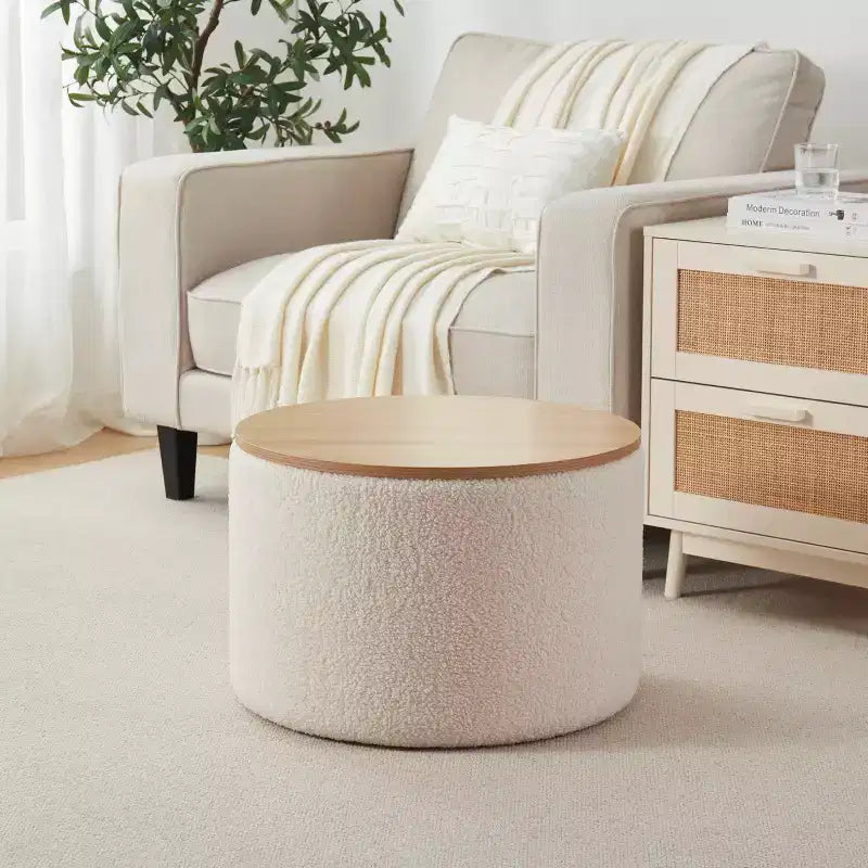 Grande Pouf Contenitore Rotondo da 56 cm con Vassoio – Rivestito in Tessuto Beige