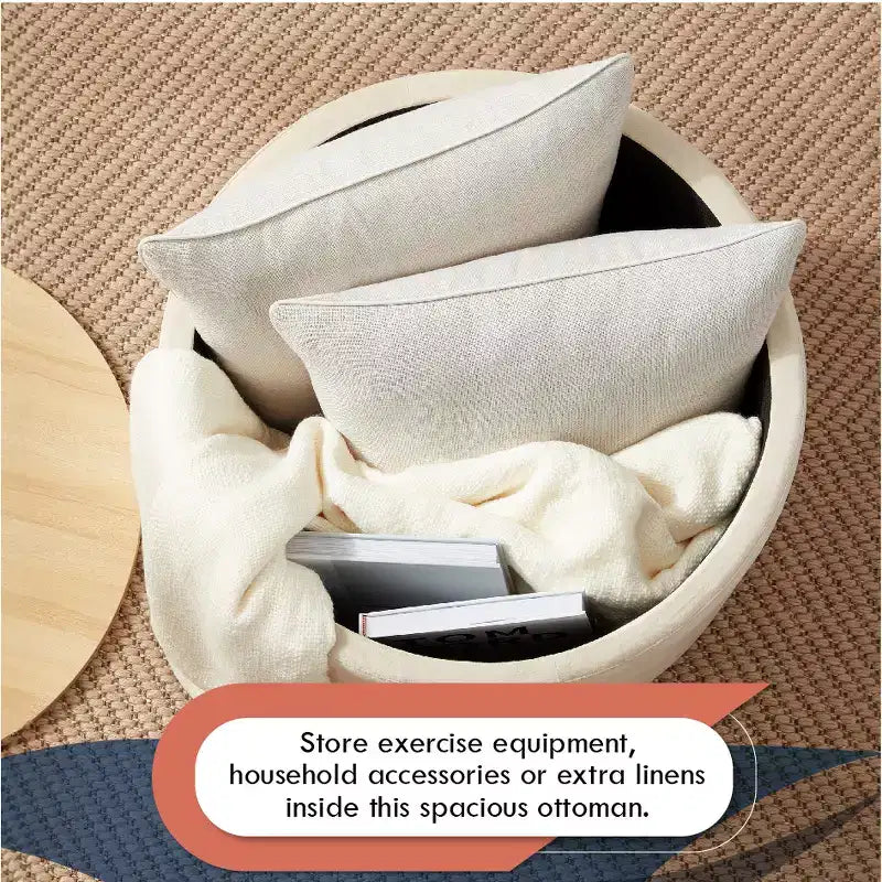 Grande Pouf Contenitore Rotondo da 56 cm con Vassoio – Rivestito in Tessuto Beige