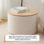 Grande Pouf Contenitore Rotondo da 56 cm con Vassoio – Rivestito in Tessuto Beige
