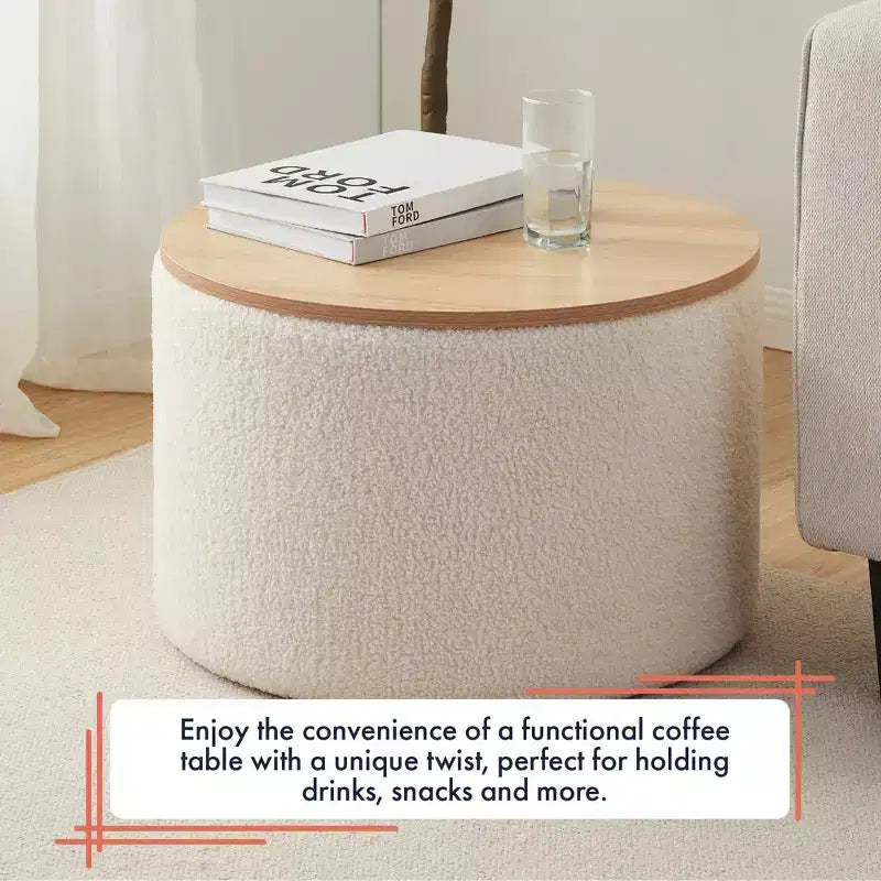 Grande Pouf Contenitore Rotondo da 56 cm con Vassoio – Rivestito in Tessuto Beige