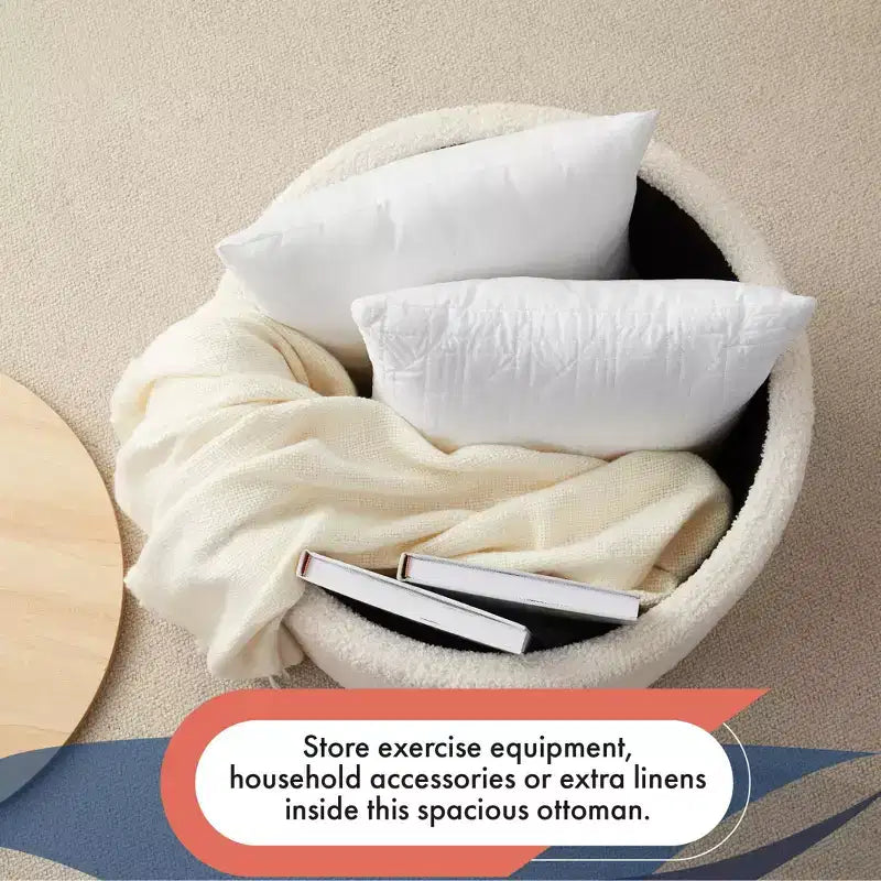 Grande Pouf Contenitore Rotondo da 56 cm con Vassoio – Rivestito in Tessuto Beige