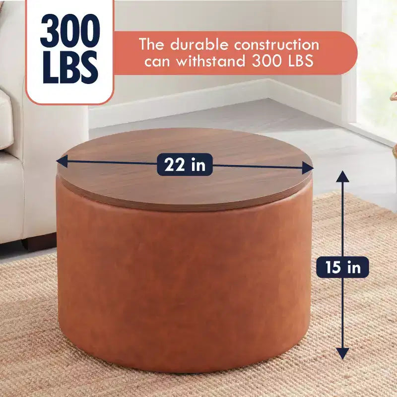 Grande Pouf Contenitore Rotondo da 56 cm con Vassoio – Rivestito in Tessuto Beige