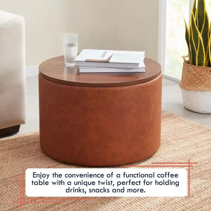Grande Pouf Contenitore Rotondo da 56 cm con Vassoio – Rivestito in Tessuto Beige