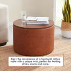 Grande Pouf Contenitore Rotondo da 56 cm con Vassoio – Rivestito in Tessuto Beige