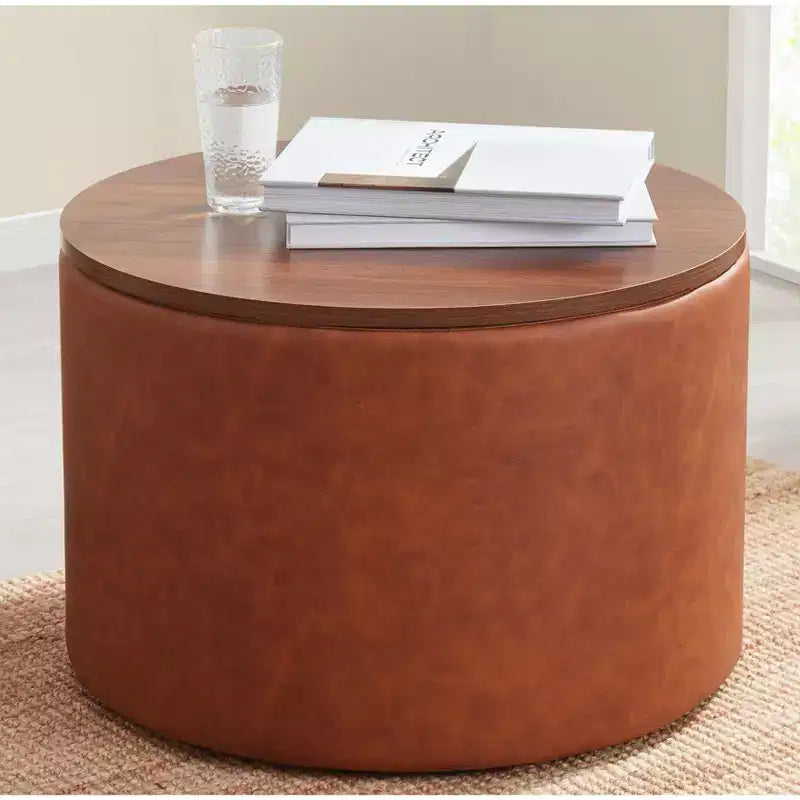 Grande Pouf Contenitore Rotondo da 56 cm con Vassoio – Rivestito in Tessuto Beige