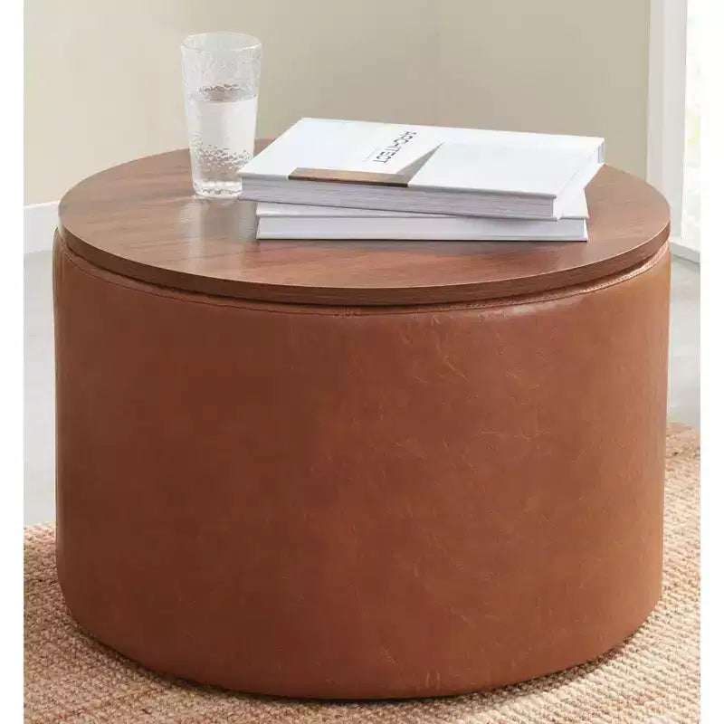 Grande Pouf Contenitore Rotondo da 56 cm con Vassoio – Rivestito in Tessuto Beige