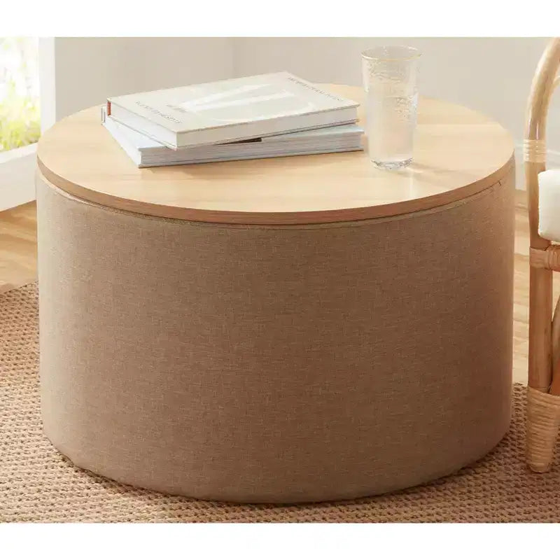 Grande Pouf Contenitore Rotondo da 56 cm con Vassoio – Rivestito in Tessuto Beige