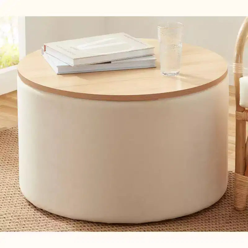 Grande Pouf Contenitore Rotondo da 56 cm con Vassoio – Rivestito in Tessuto Beige