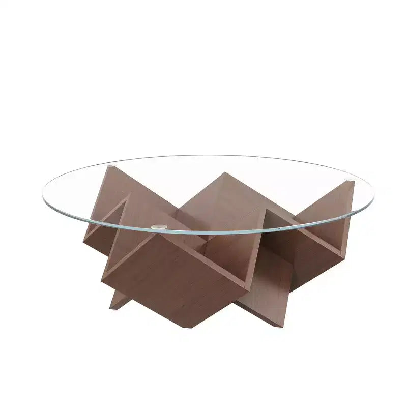 Tavolino rotondo in noce da 89.9 cm con piano in vetro temperato, base Art Déco e ripiani portaoggetti