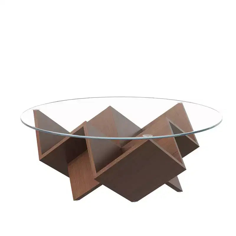 Tavolino rotondo in noce da 89.9 cm con piano in vetro temperato, base Art Déco e ripiani portaoggetti