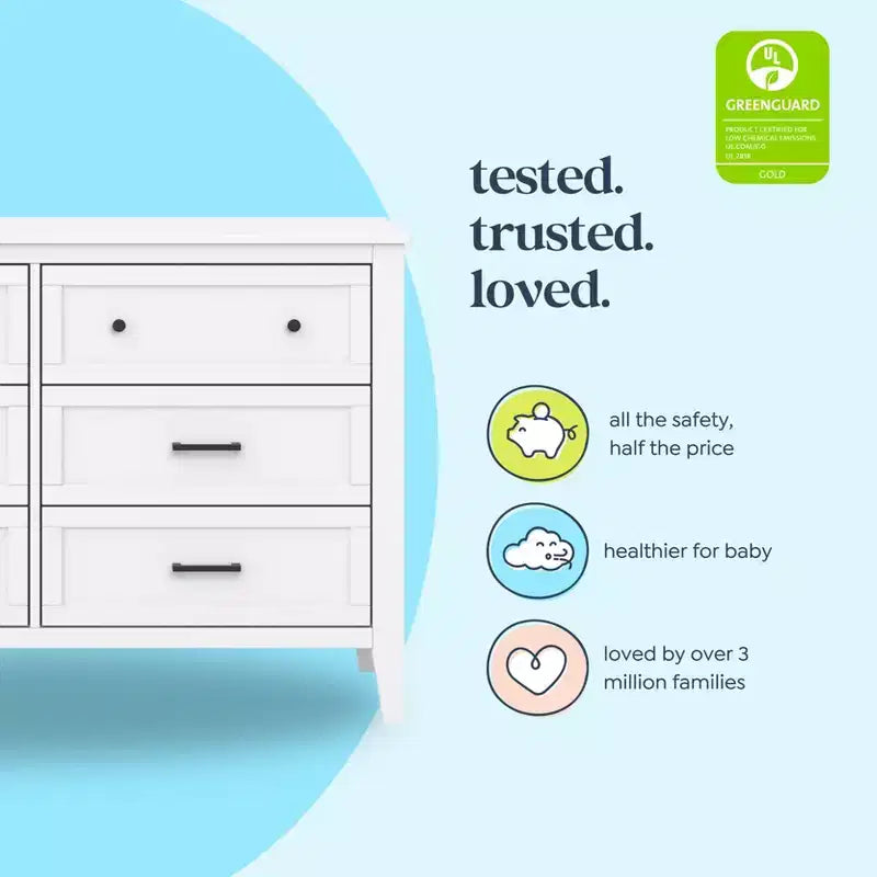 Cassettiera a 6 cassetti per neonati e bambini – Certificata GREENGUARD Gold, legno di pino massiccio, kit antiribaltamento
