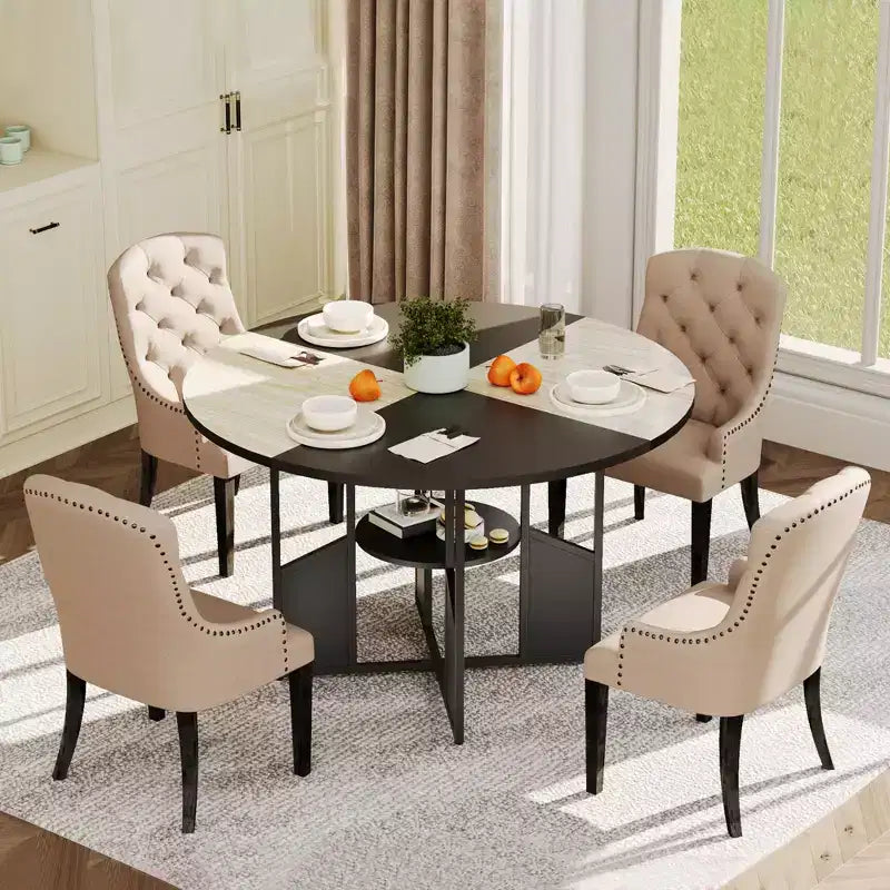 Tavolo da pranzo rotondo da 150 cm per 4-6 persone con ripiano portaoggetti a 2 livelli e base a croce – Legno e ferro
