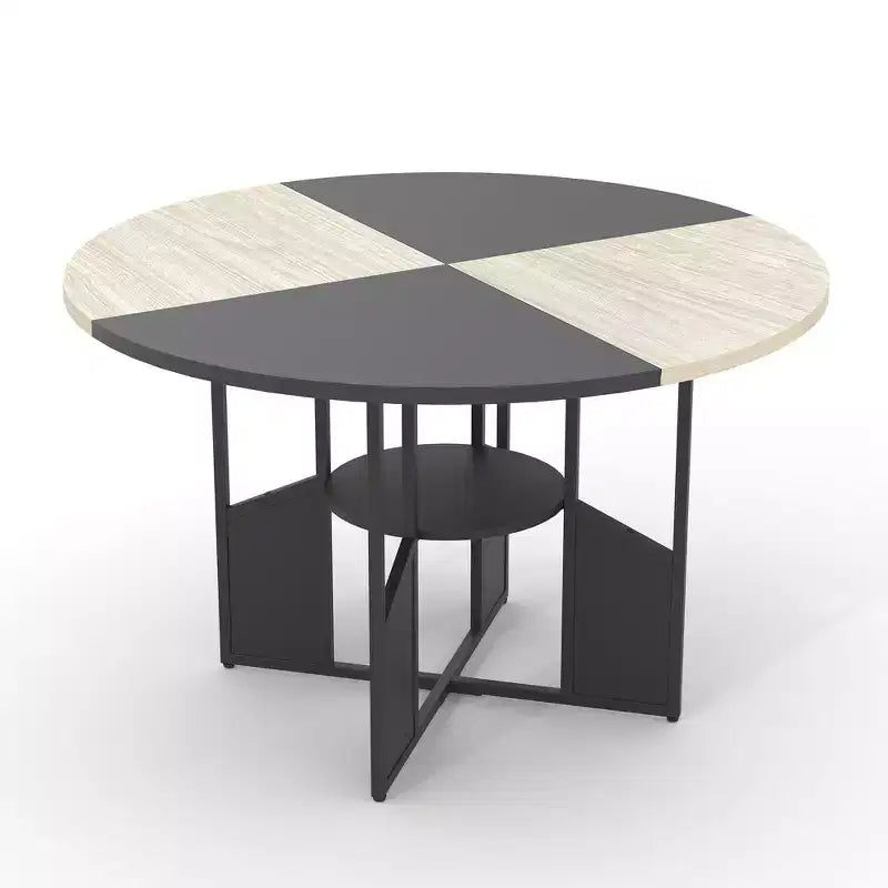 Tavolo da pranzo rotondo da 150 cm per 4-6 persone con ripiano portaoggetti a 2 livelli e base a croce – Legno e ferro
