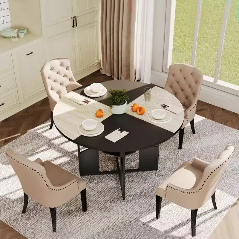 Tavolo da pranzo rotondo da 150 cm per 4-6 persone con ripiano portaoggetti a 2 livelli e base a croce – Legno e ferro