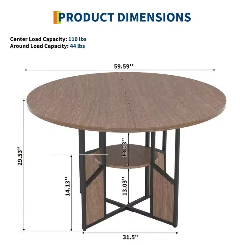 Tavolo da pranzo rotondo da 150 cm per 4-6 persone con ripiano portaoggetti a 2 livelli e base a croce – Legno e ferro