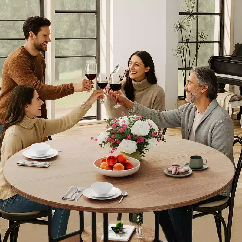 Tavolo da pranzo rotondo da 150 cm per 4-6 persone con ripiano portaoggetti a 2 livelli e base a croce – Legno e ferro