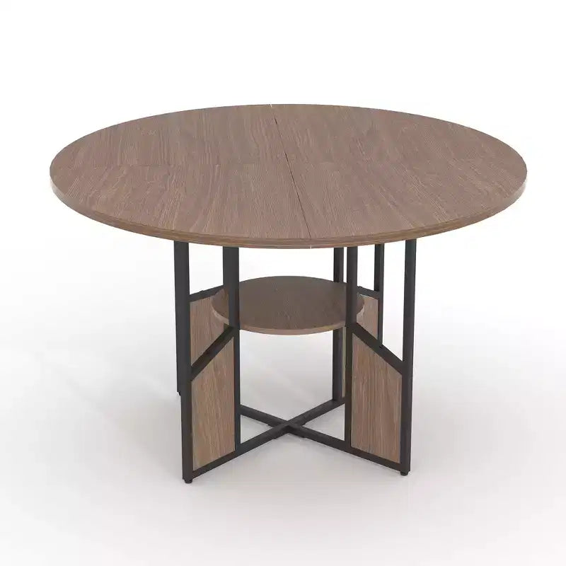 Tavolo da pranzo rotondo da 150 cm per 4-6 persone con ripiano portaoggetti a 2 livelli e base a croce – Legno e ferro