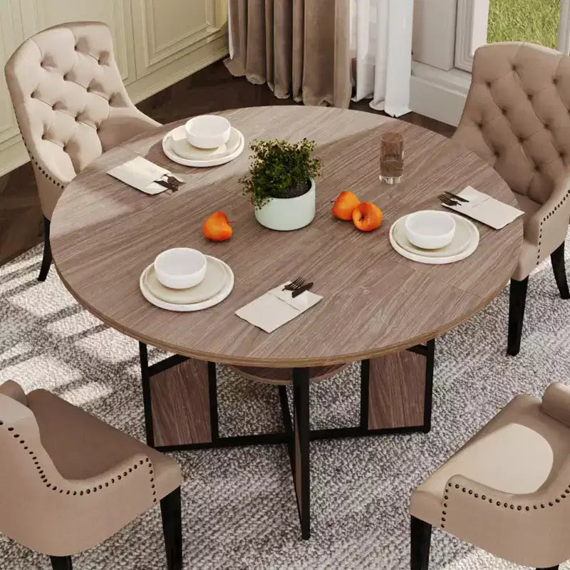 Tavolo da pranzo rotondo da 150 cm per 4-6 persone con ripiano portaoggetti a 2 livelli e base a croce – Legno e ferro