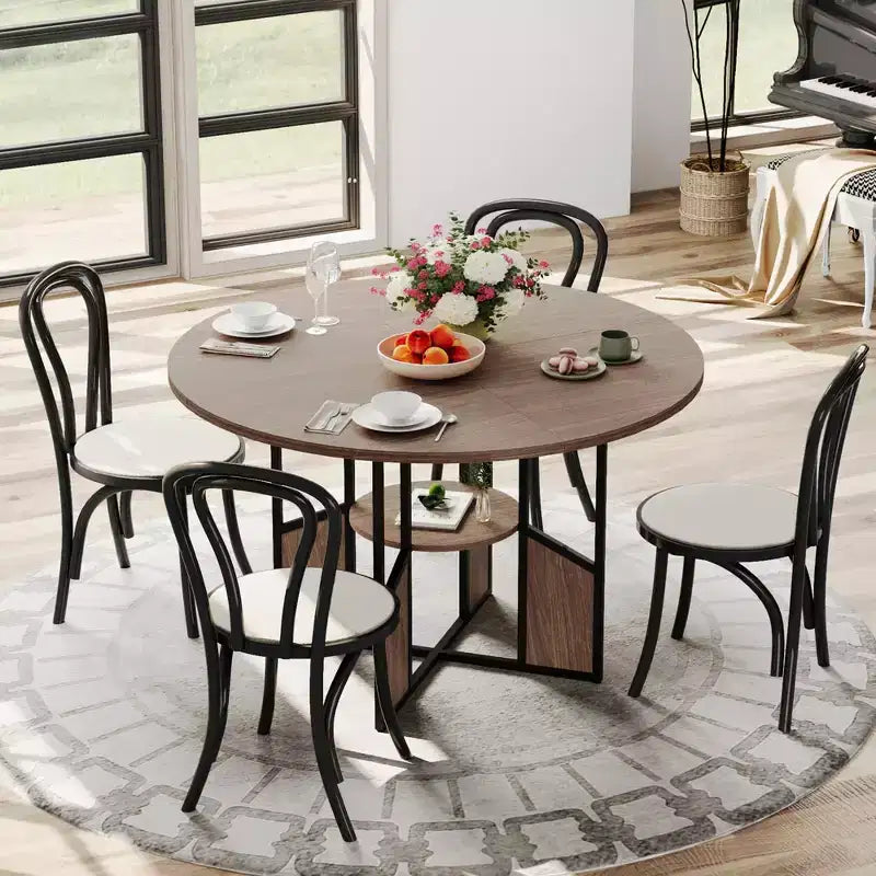 Tavolo da pranzo rotondo da 150 cm per 4-6 persone con ripiano portaoggetti a 2 livelli e base a croce – Legno e ferro