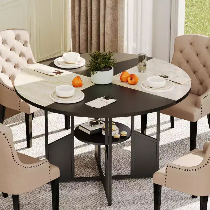 Tavolo da pranzo rotondo da 150 cm per 4-6 persone con ripiano portaoggetti a 2 livelli e base a croce – Legno e ferro