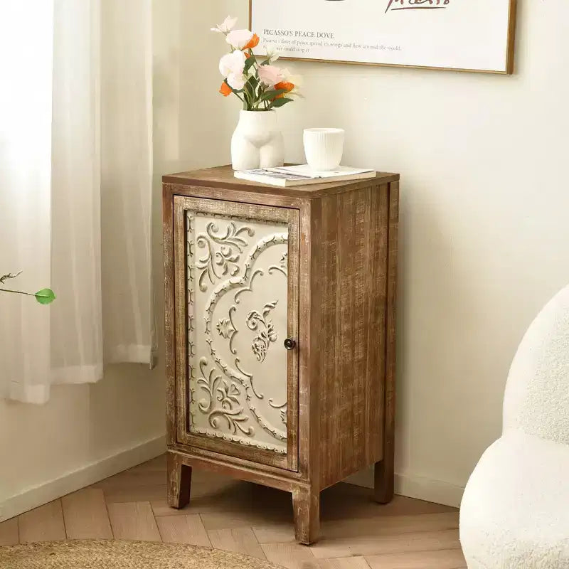 Tavolino Vintage Fiorentino con Anta a Pannello Floreale – Naturale e Crema, Mobiletto H 78 cm