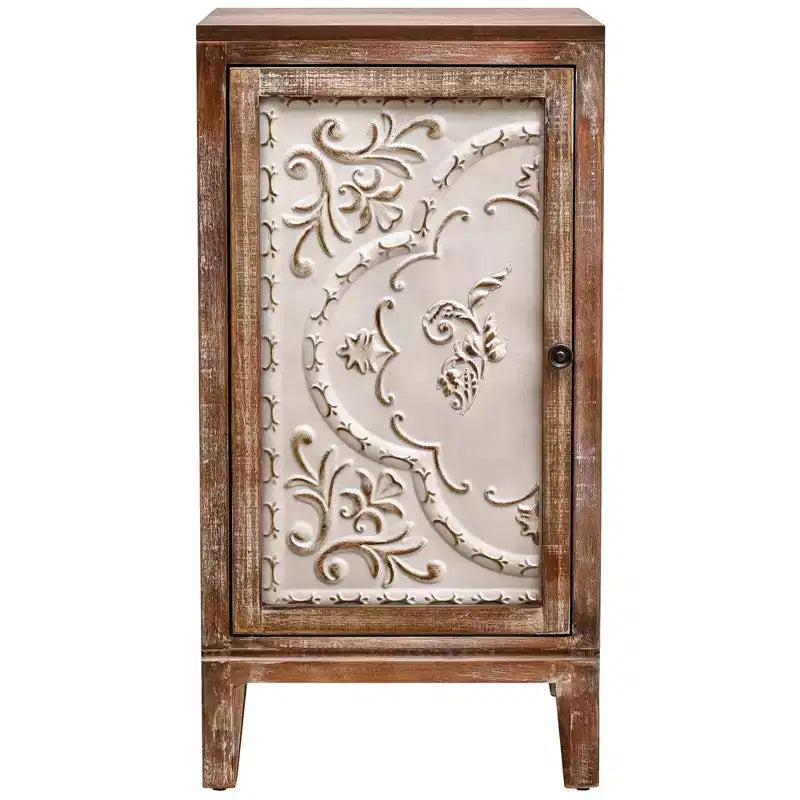 Tavolino Vintage Fiorentino con Anta a Pannello Floreale – Naturale e Crema, Mobiletto H 78 cm