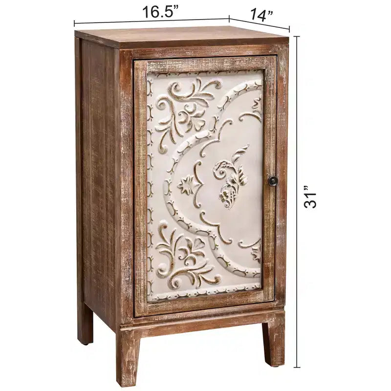 Tavolino Vintage Fiorentino con Anta a Pannello Floreale – Naturale e Crema, Mobiletto H 78 cm