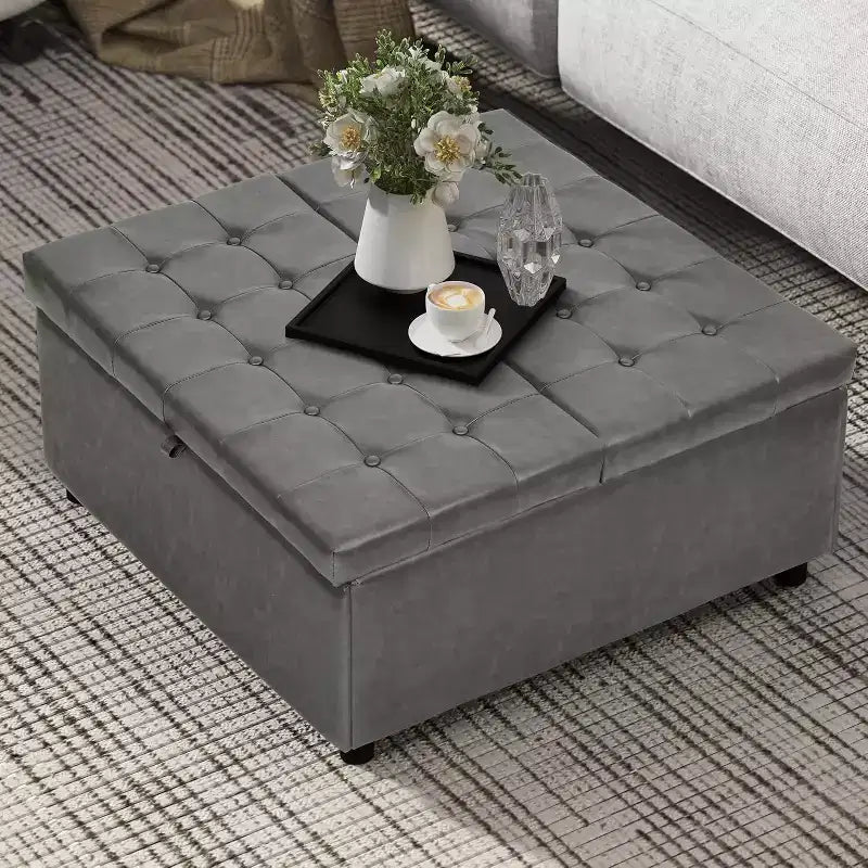 Pouf/tavolino contenitore quadrato da 35,5" – con piano sollevabile, capacità di 227 kg, in similpelle grigia