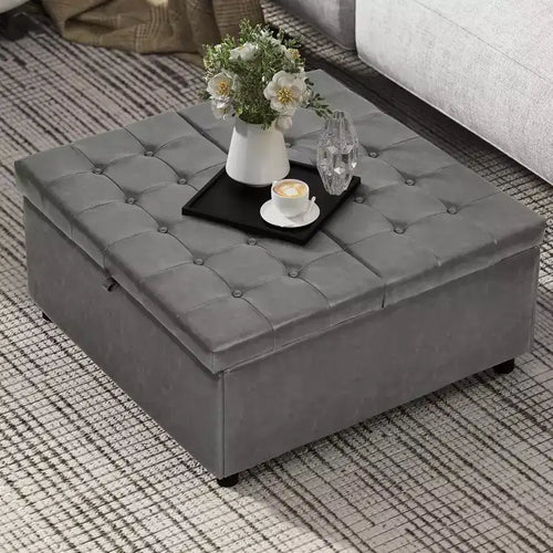 Pouf/tavolino contenitore quadrato da 35,5" – con piano sollevabile, capacità di 227 kg, in similpelle grigia