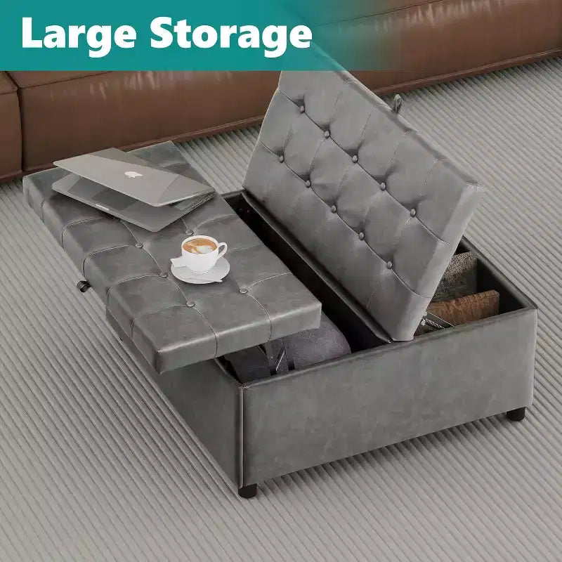 Pouf/tavolino contenitore quadrato da 35,5" – con piano sollevabile, capacità di 227 kg, in similpelle grigia