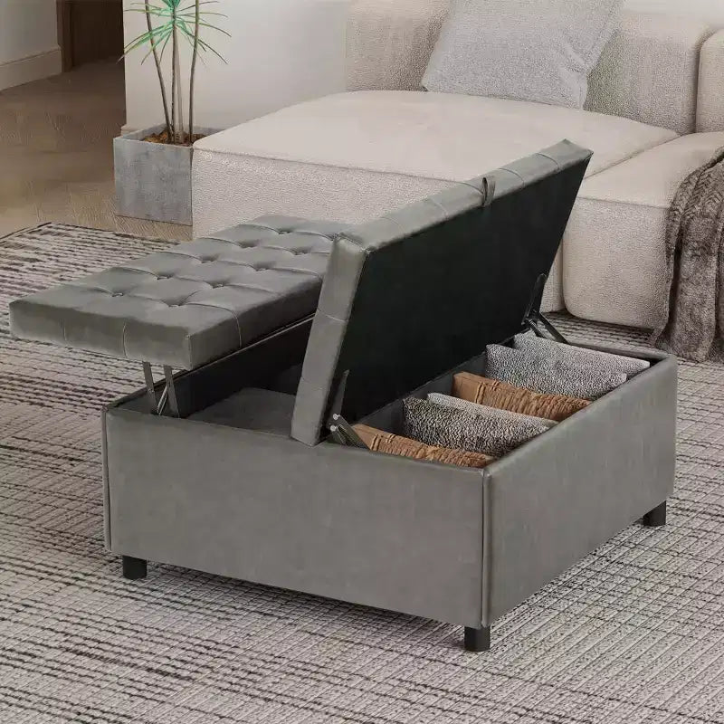 Pouf/tavolino contenitore quadrato da 35,5" – con piano sollevabile, capacità di 227 kg, in similpelle grigia