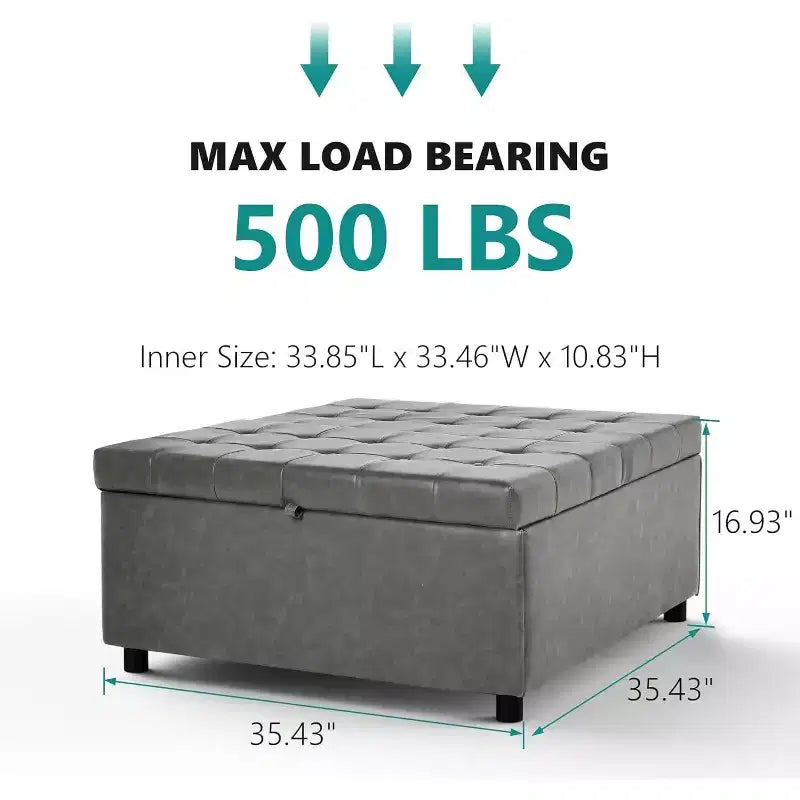 Pouf/tavolino contenitore quadrato da 35,5" – con piano sollevabile, capacità di 227 kg, in similpelle grigia