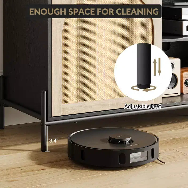 Mobile TV in Rattan da 170 cm con 3 Cassetti, Ante a Battente e Piedini in Metallo – Credenza per Media in Stile Rustico