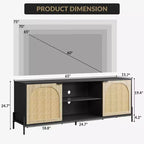 Mobile TV in Rattan da 170 cm con 3 Cassetti, Ante a Battente e Piedini in Metallo – Credenza per Media in Stile Rustico