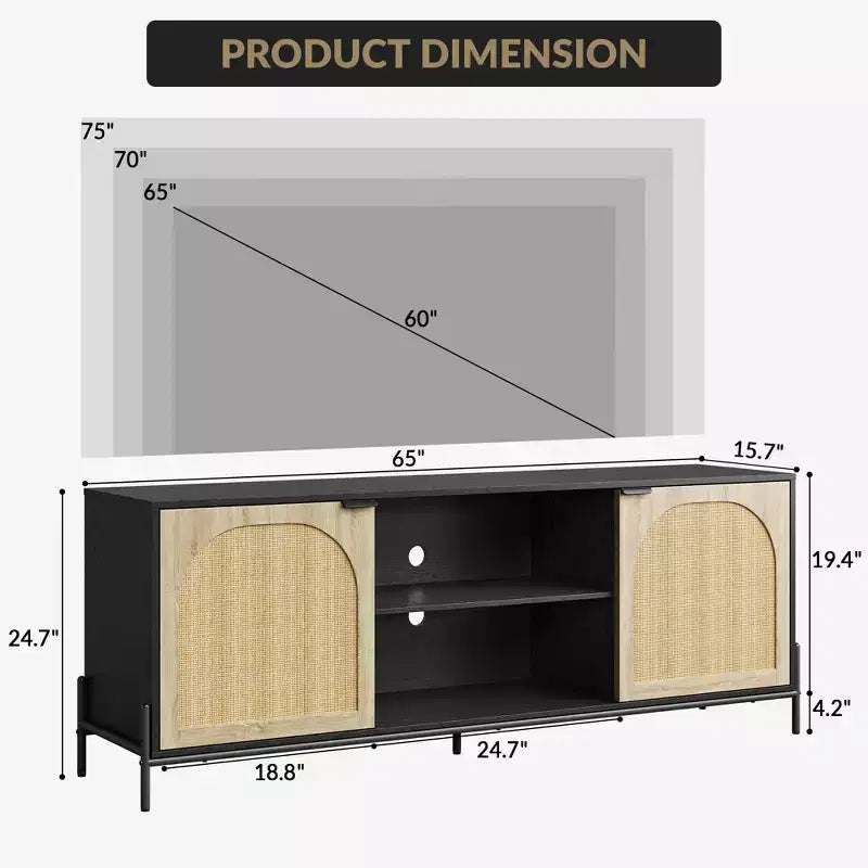 Mobile TV in Rattan da 170 cm con 3 Cassetti, Ante a Battente e Piedini in Metallo – Credenza per Media in Stile Rustico