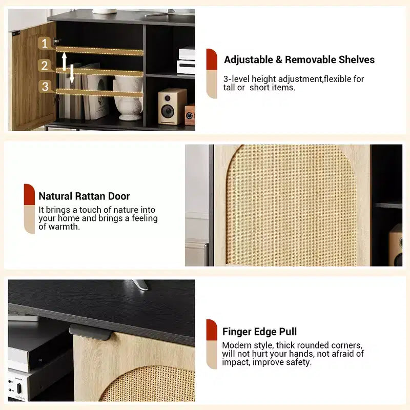 Mobile TV in Rattan da 170 cm con 3 Cassetti, Ante a Battente e Piedini in Metallo – Credenza per Media in Stile Rustico