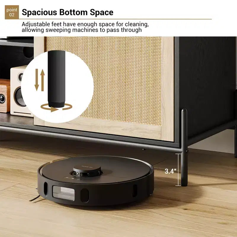 Mobile TV in Rattan da 170 cm con 3 Cassetti, Ante a Battente e Piedini in Metallo – Credenza per Media in Stile Rustico