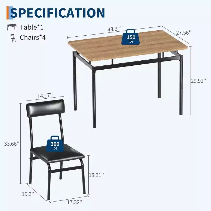 Set da pranzo 5 pezzi per 4 persone – Piano effetto legno, gambe in metallo nero e sedie imbottite