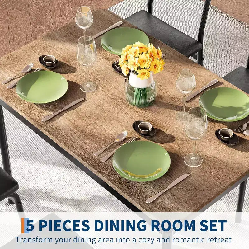 Set da pranzo 5 pezzi per 4 persone – Piano effetto legno, gambe in metallo nero e sedie imbottite
