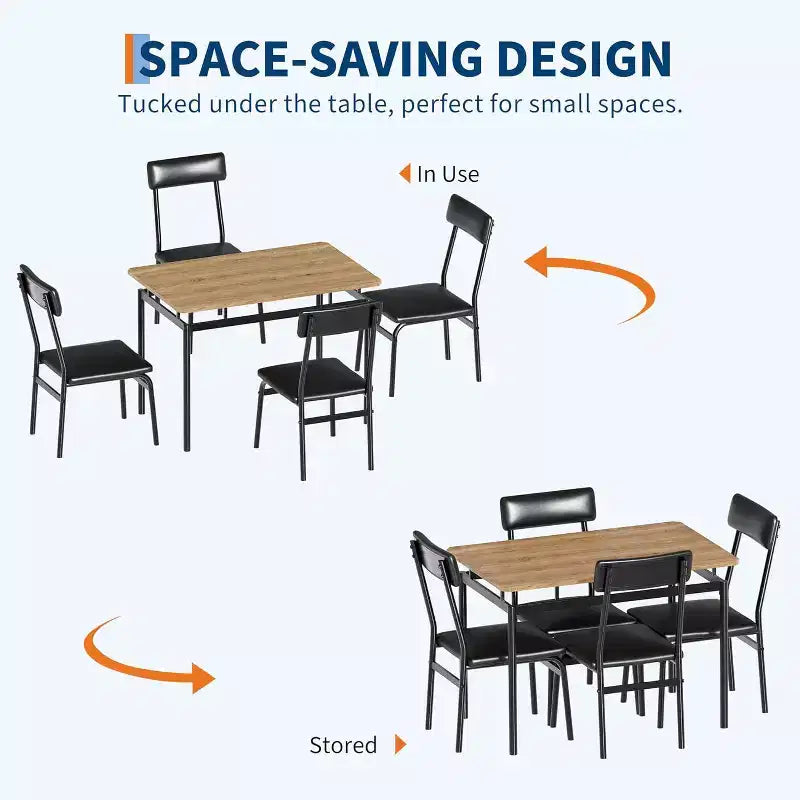 Set da pranzo 5 pezzi per 4 persone – Piano effetto legno, gambe in metallo nero e sedie imbottite