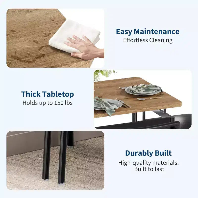 Set da pranzo 5 pezzi per 4 persone – Piano effetto legno, gambe in metallo nero e sedie imbottite