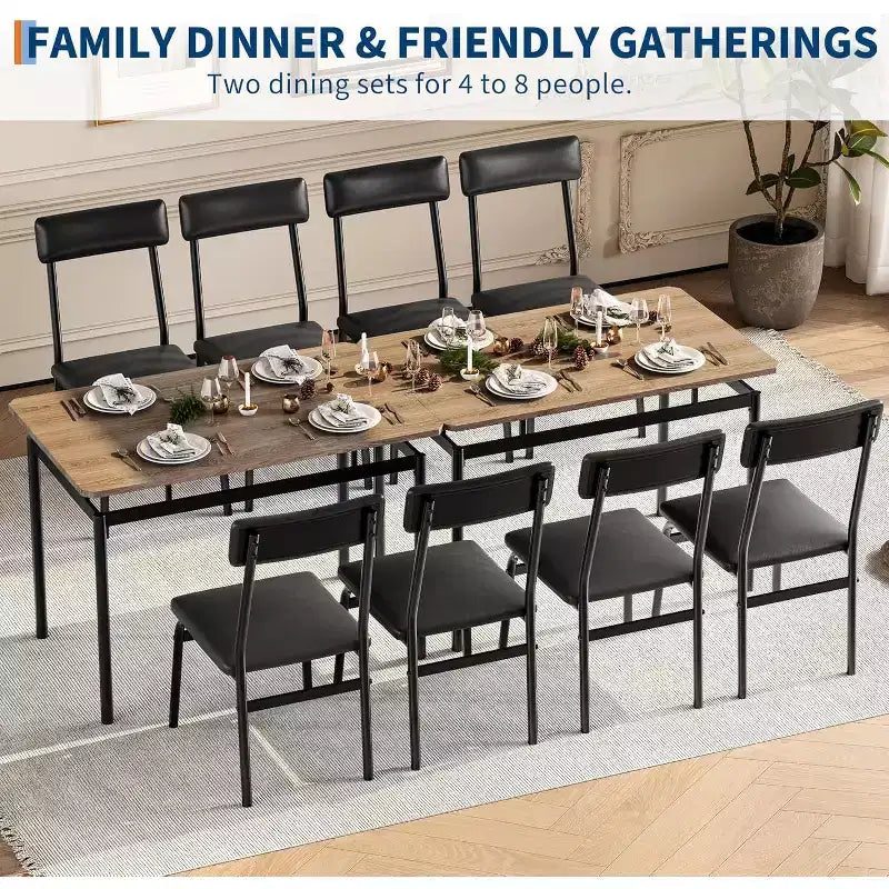 Set da pranzo 5 pezzi per 4 persone – Piano effetto legno, gambe in metallo nero e sedie imbottite